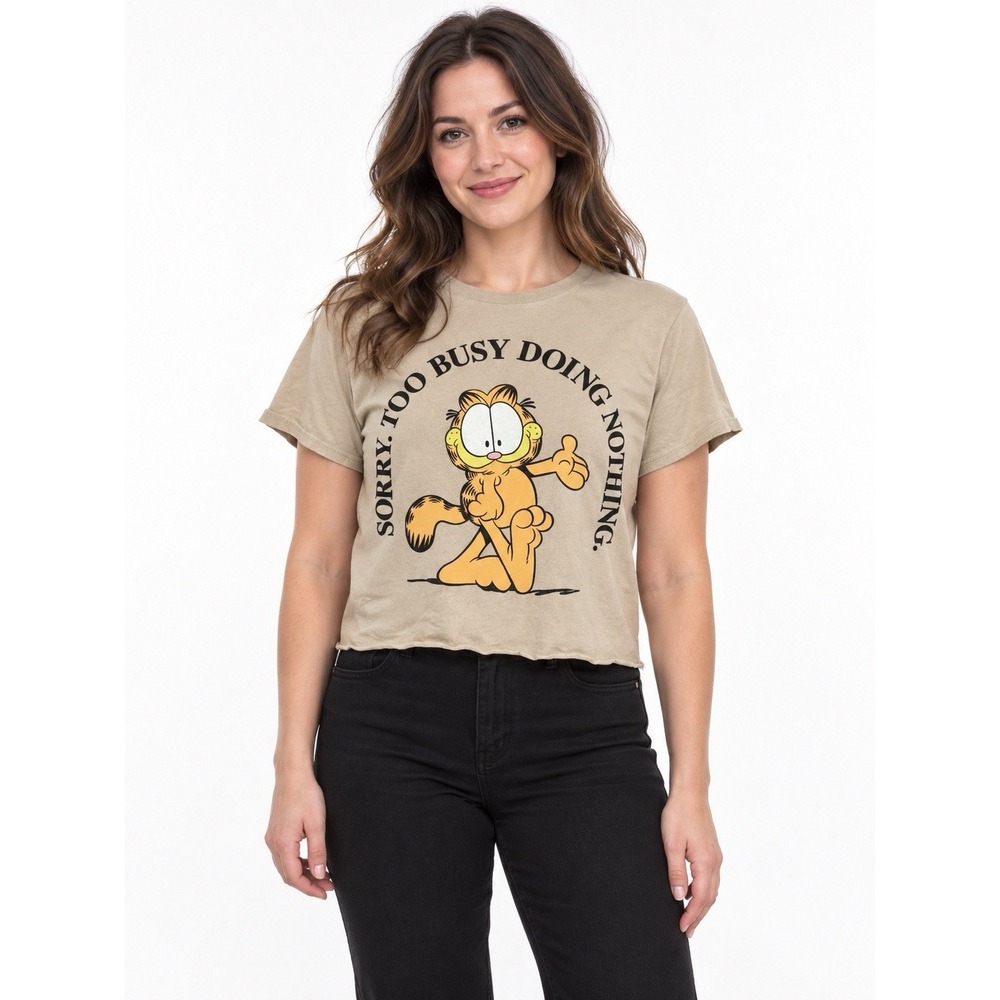 Garfield Sorry Too Busy Doing Nothing Crop Tee Women's S Beige Graphic Shirt